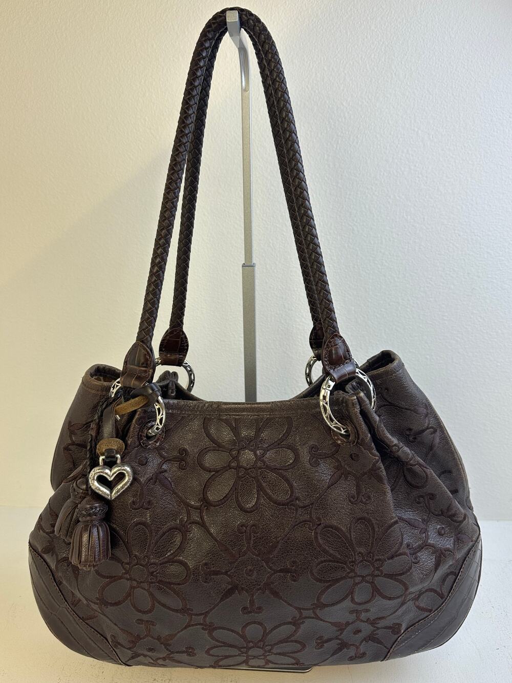 Brighton Valencia Floral-Embossed Brown Leather Shoulder Bag